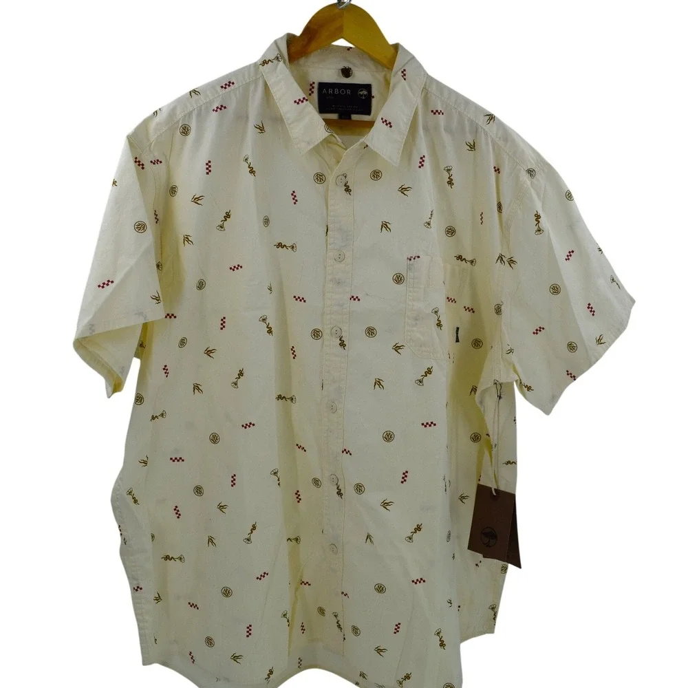 NWT Arbor Short Sleeve Button Up Shirt Men's L‎ Cream Patterned Casual Top
